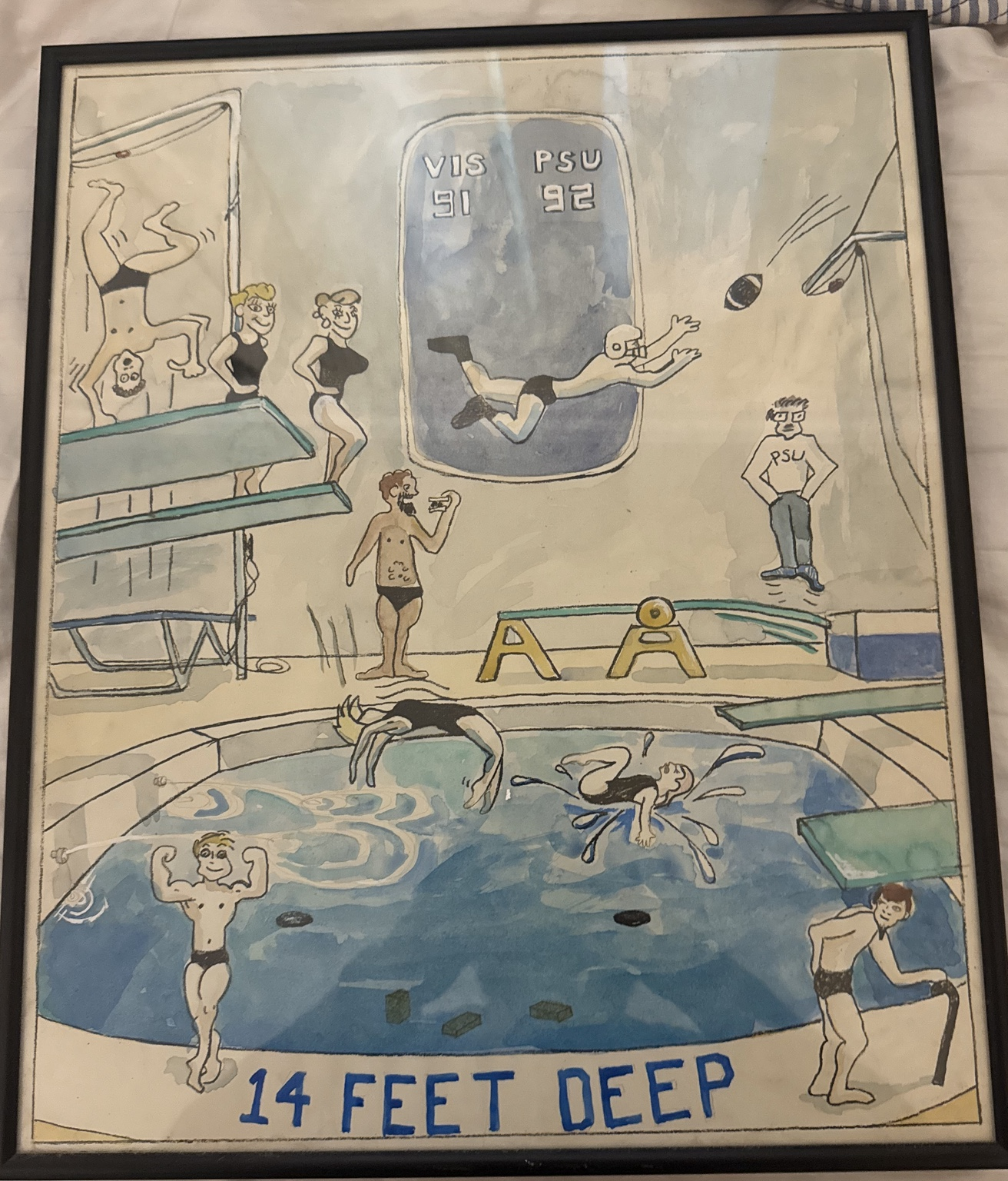 Hand-drawn illustration of divers gathered around a fourteen-foot-deep pool